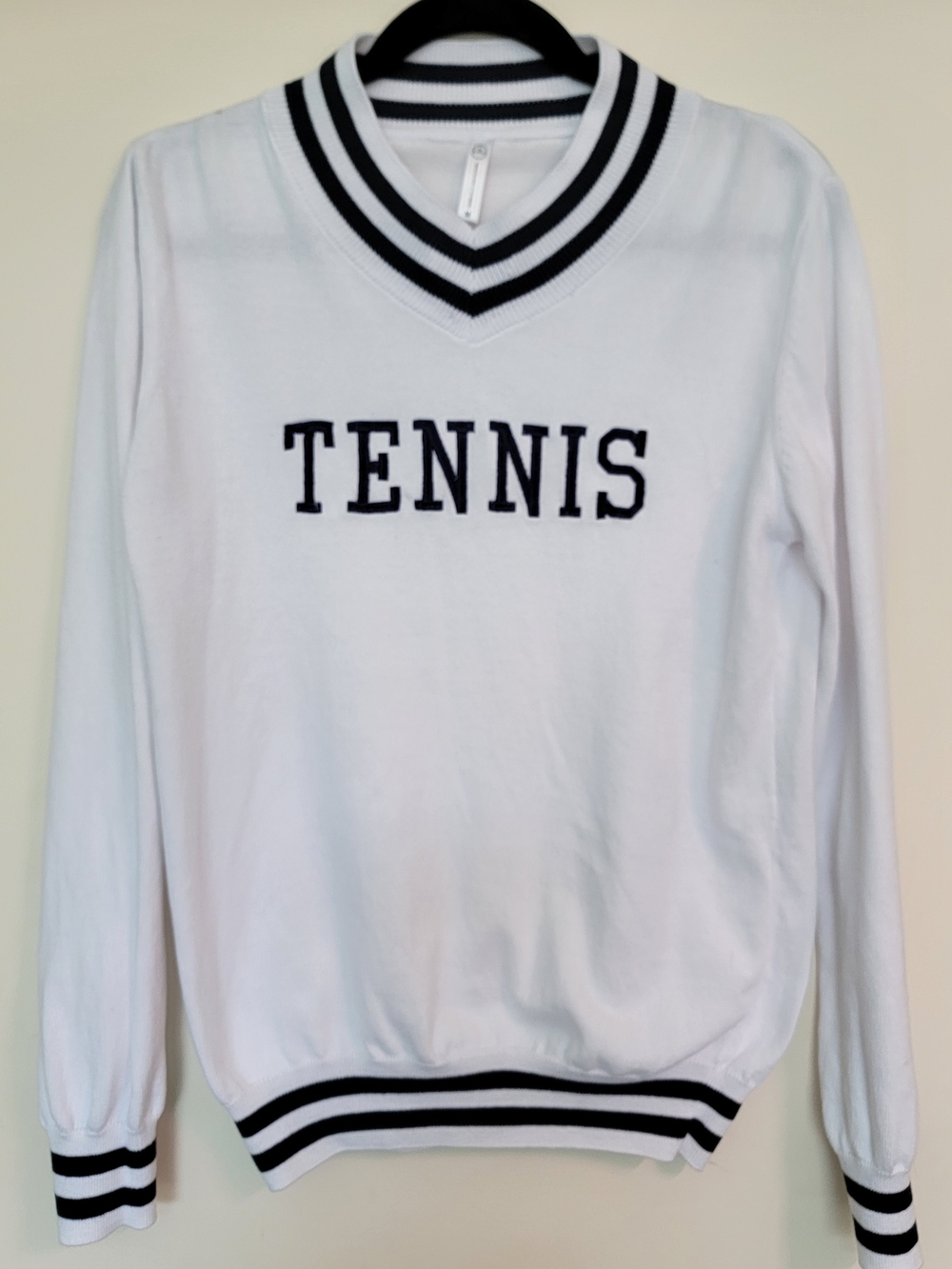 The Bubble Women's Hatten White 'TENNIS' V-Neck Navy Striped-Trim Sweater Med